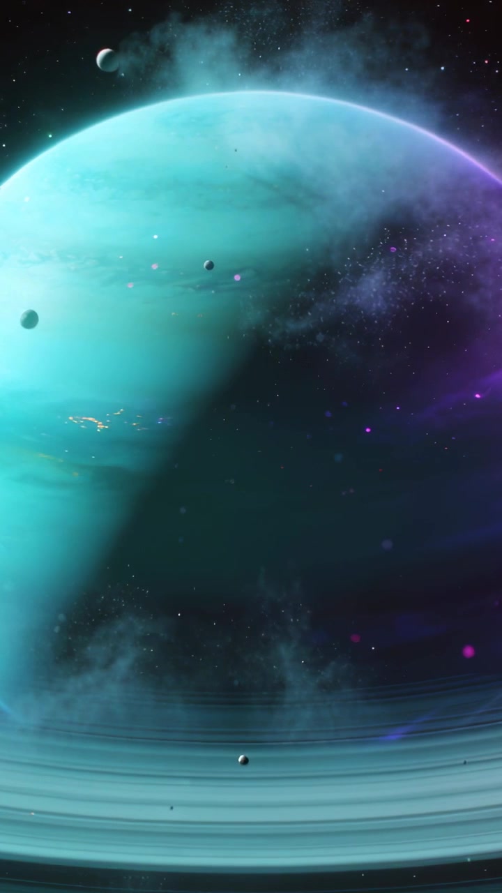 Vertical video: Panning camera revealing teal gas giant in space to show rings, nebula and moons