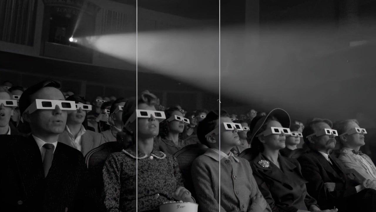Pubblico con occhiali 3D che guarda un film in un cinema vintage.