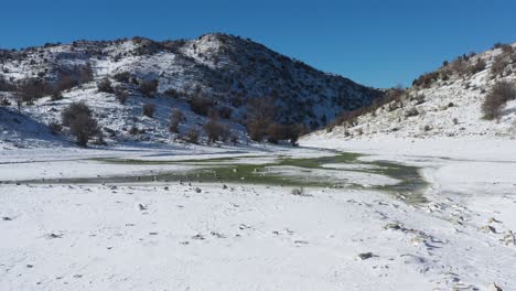 Mount-Hermon-Israel,-fast-fly-in-over-a-snowy-valley-to-a-river-stream-and-mountain-peaks-with-clear-blue-sky