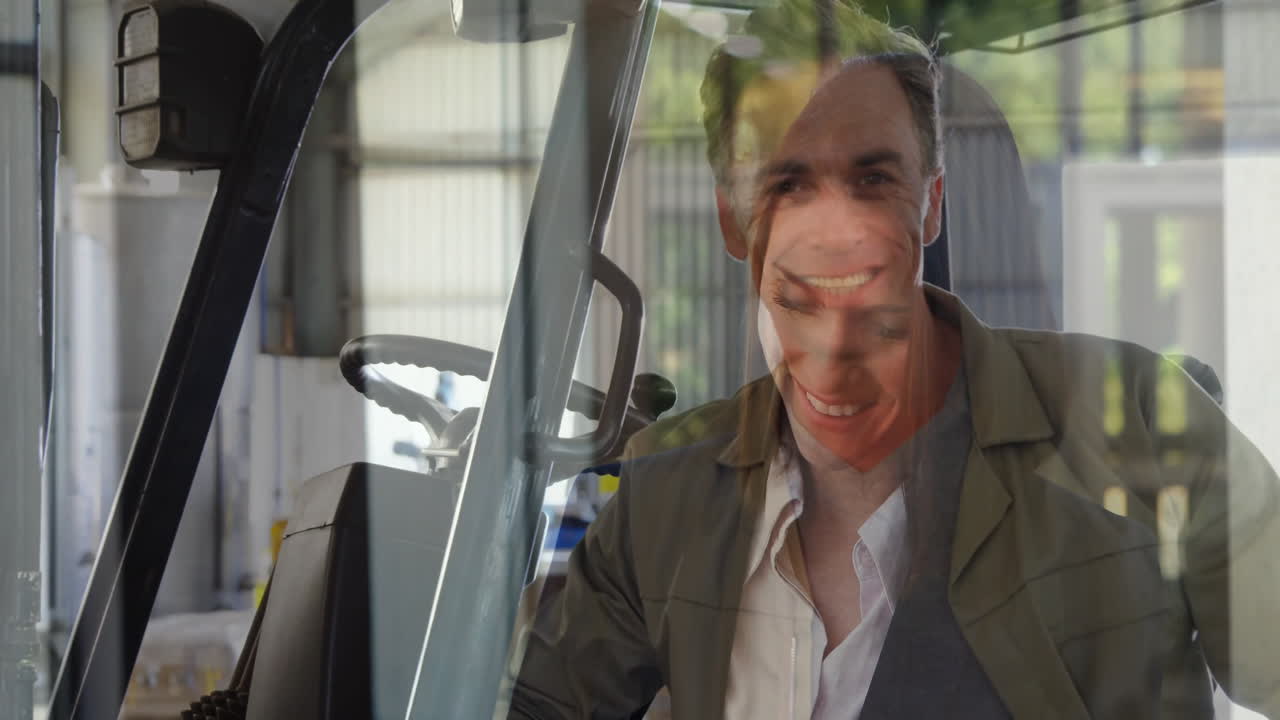 In industrial setting, man in business attire operating forklift with animation