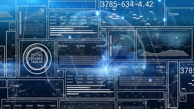 Digital data and numerical analysis animation over blue technological background