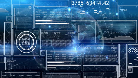 digital data and numerical analysis animation over blue technological background