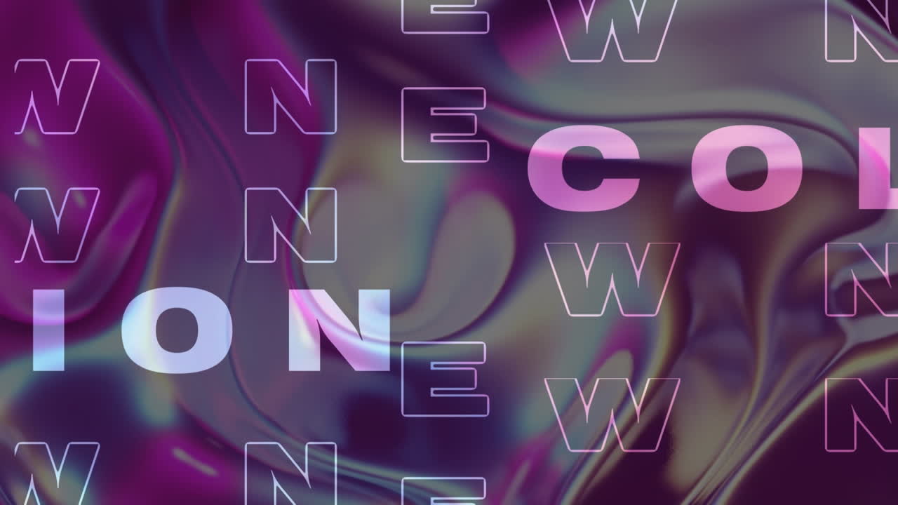 animación de la nueva colección en texto rosa y lila sobre un remolino líquido rosado metálico