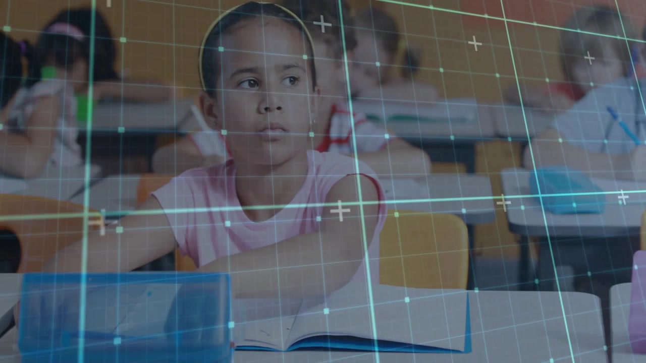 Front-row children opening pencil boxes, writing workbook for classroom task, grid overlay guiding