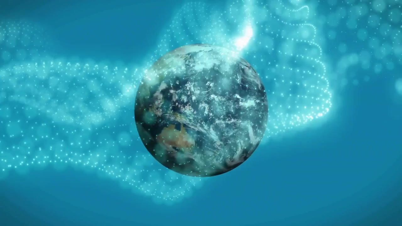 Globo terrestre 3D che ruota, circondato da flussi di dati luminosi che scorrono su uno sfondo sfumato blu.