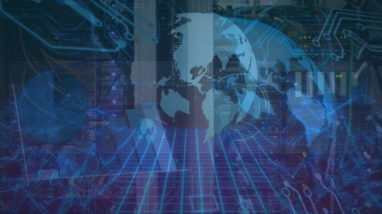 Animation of glbe with data processing over server room