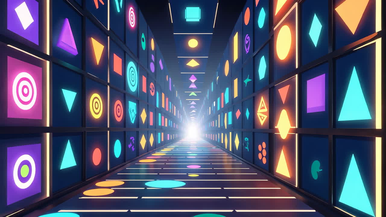 Futuristic Neon Tunnel with Glowing Geometric Shapes