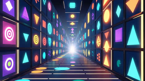 futuristic neon tunnel with glowing geometric shapes