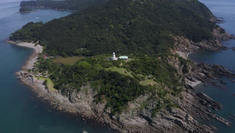 Coastline-of-Tomogashima,-Aerial-View-of-Lighthouse-and-Cliffs,-Japan