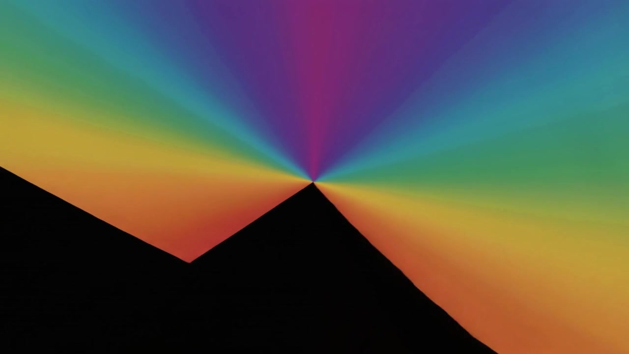 Formas geométricas con degradado de arcoíris abstracto expandiéndose sobre fondo negro