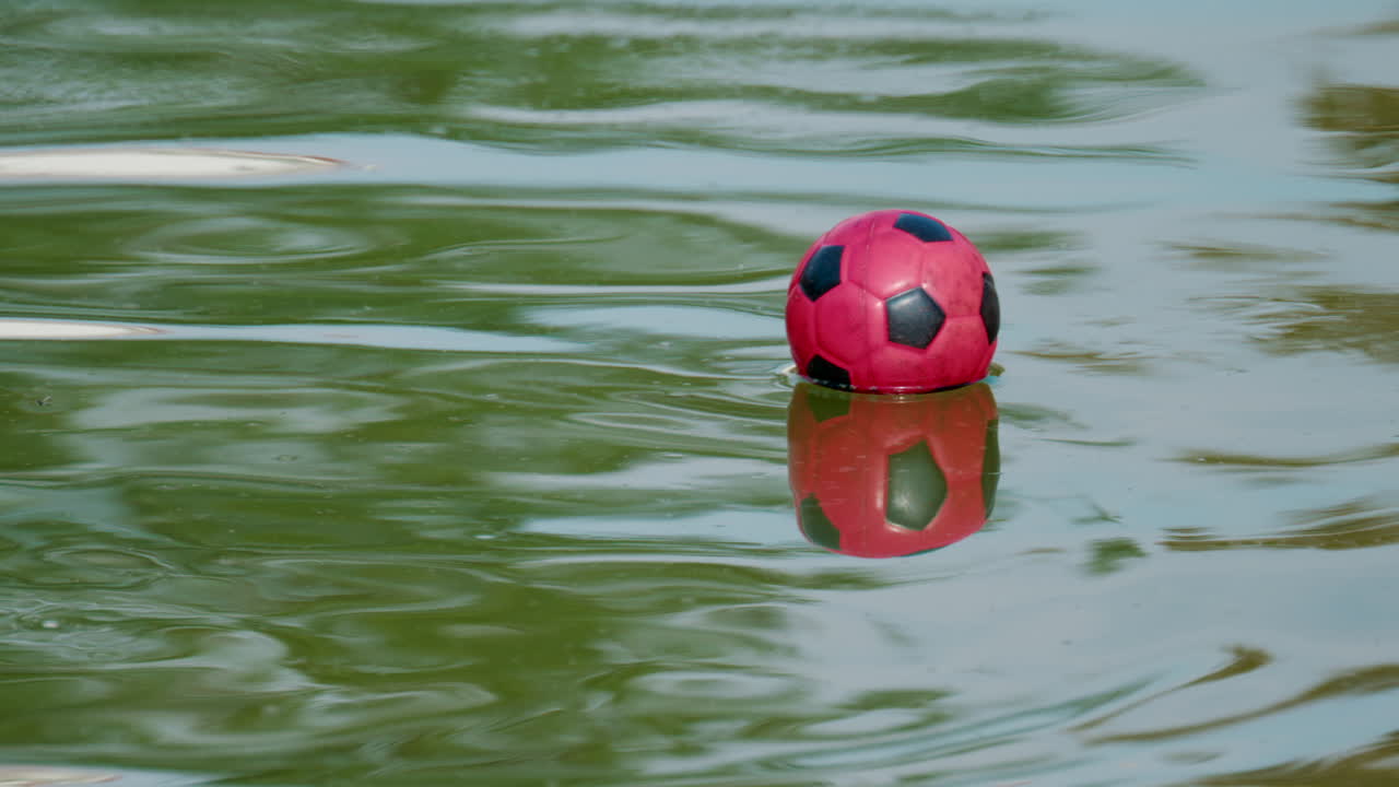 A small red soccer ball floats on a polluted pond with murky green water