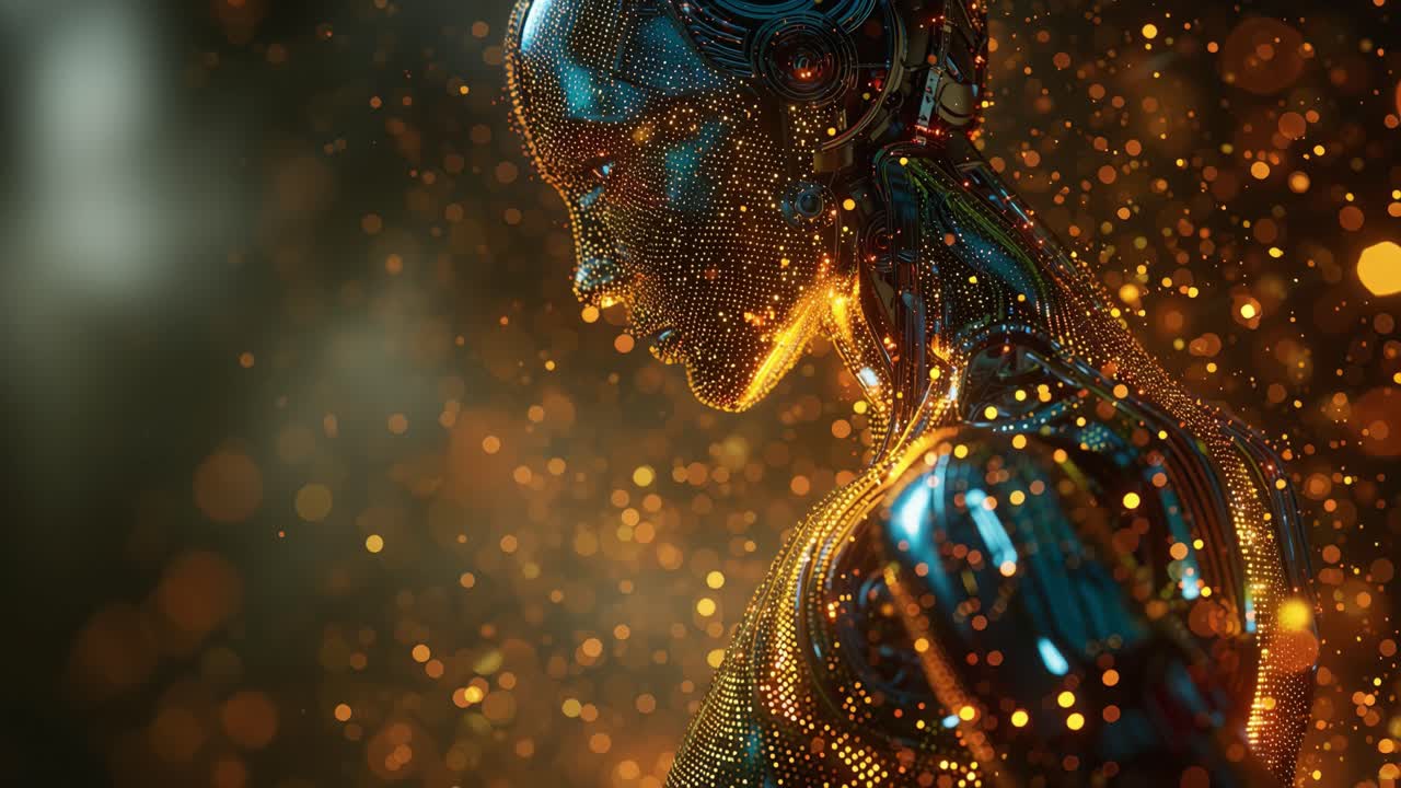 Sophisticated female humanoid robot dissolving into a cloud of glowing golden particles, symbolizing concepts of advanced technology, artificial intelligence, and digital transformation