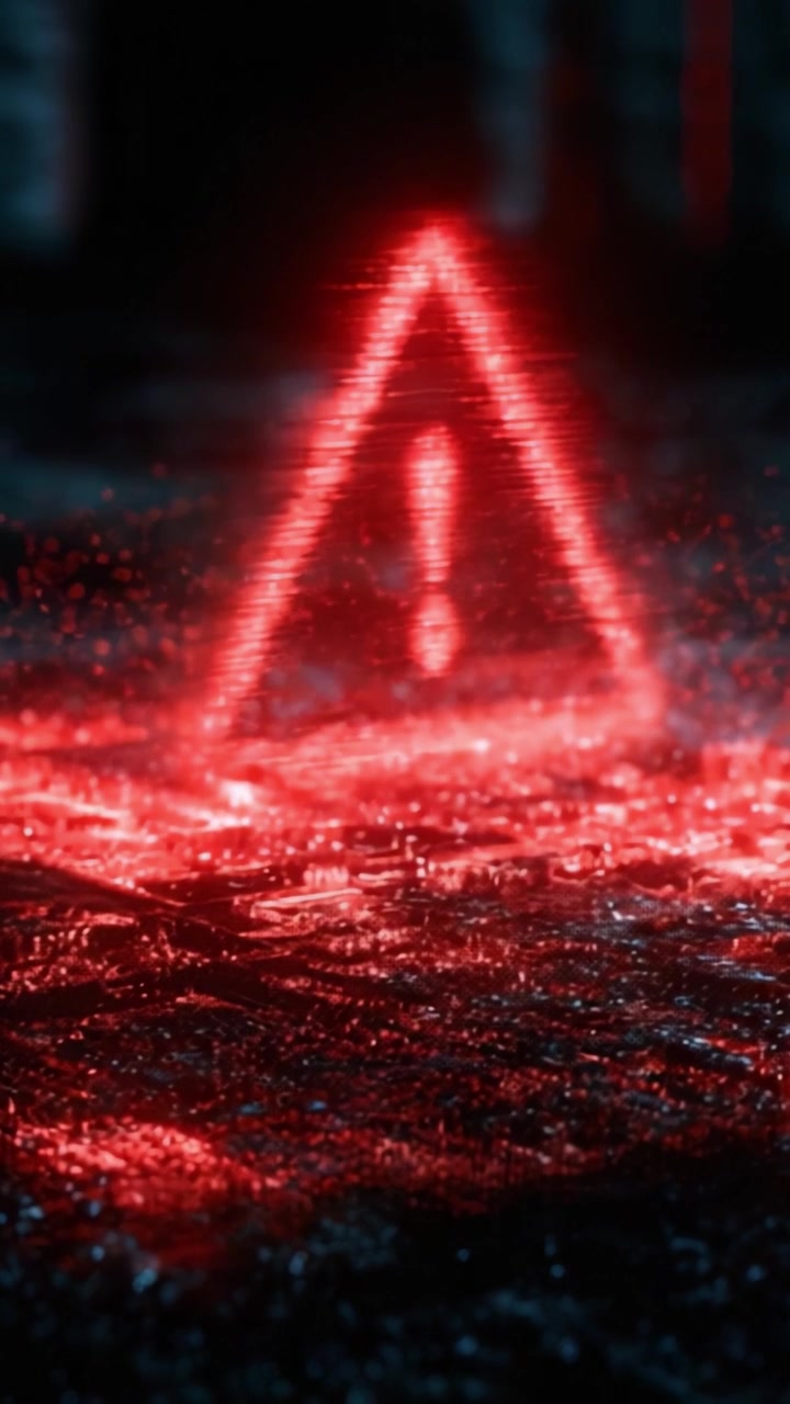 A striking visual representation of a glowing red warning symbol that captures attention with its boldness, highlighting a sense of urgency in an atmospheric environment.