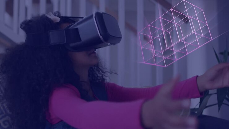 Animation of glowing 3d shapes of data transfer over biracial girl in vr headset