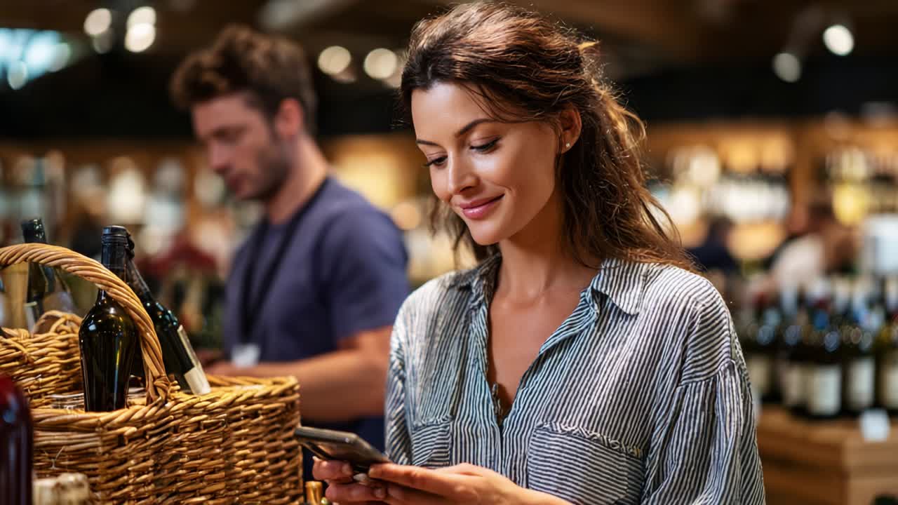 Mulher aproveitando seu tempo em uma loja de vinhos, checando o celular enquanto explora uma variedade de vinhos e exibindo uma atmosfera relaxante repleta de ofertas deliciosas e interações alegres