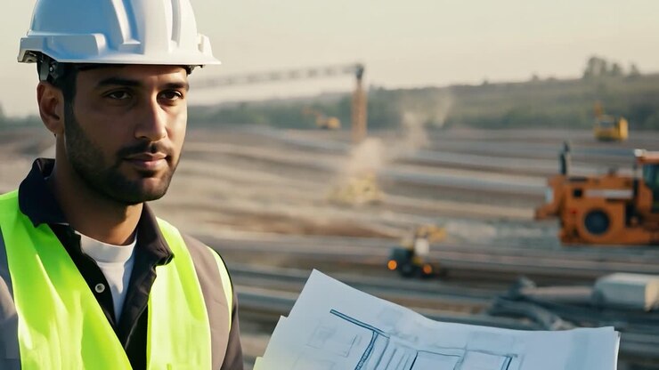 Construction worker in a hard hat on a construction site