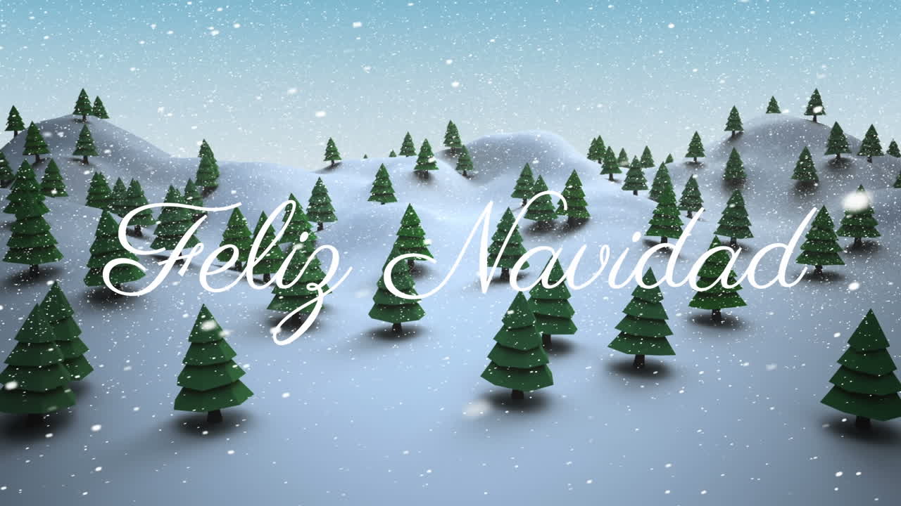 Feliz Navidad text animation over snowy landscape with pine trees
