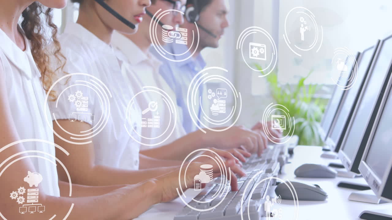 representantes del centro de llamadas y diferentes iconos 4k