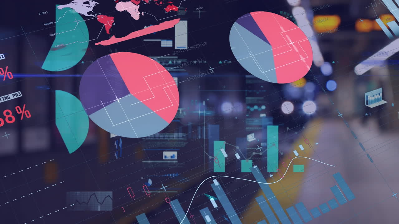 밤의 도로 교통을 통해 디지털 화면에서 금융 그래프의 애니메이션과 데이터 처리