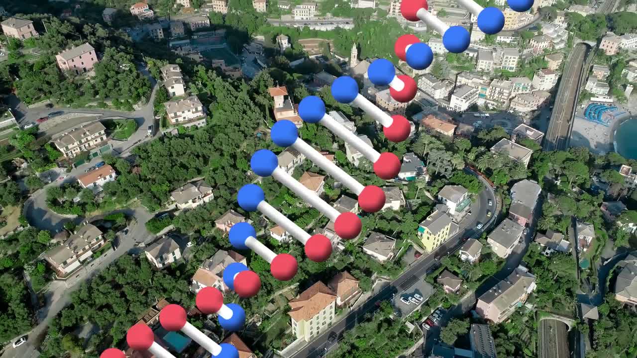 цифровой состав структуры днк, вращающийся на фоне аэрофотоснимка городского пейзажа