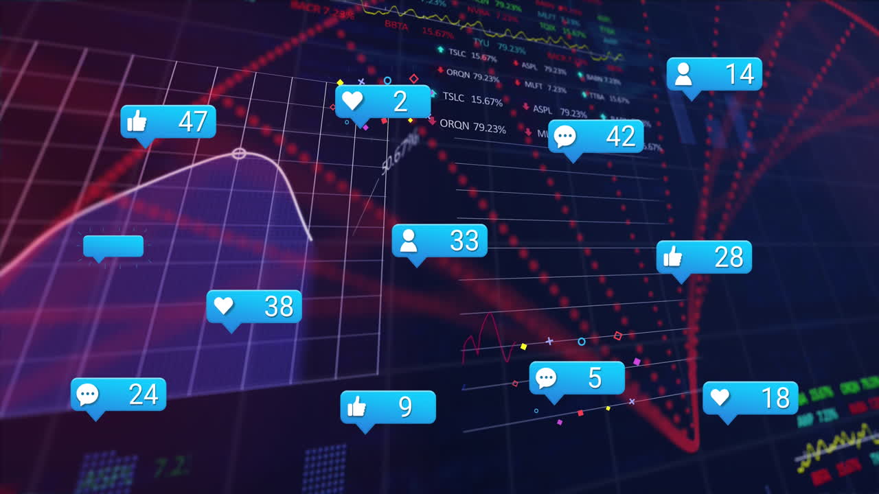 Animation of social media icons, statistical, stock market data processing and dna structure