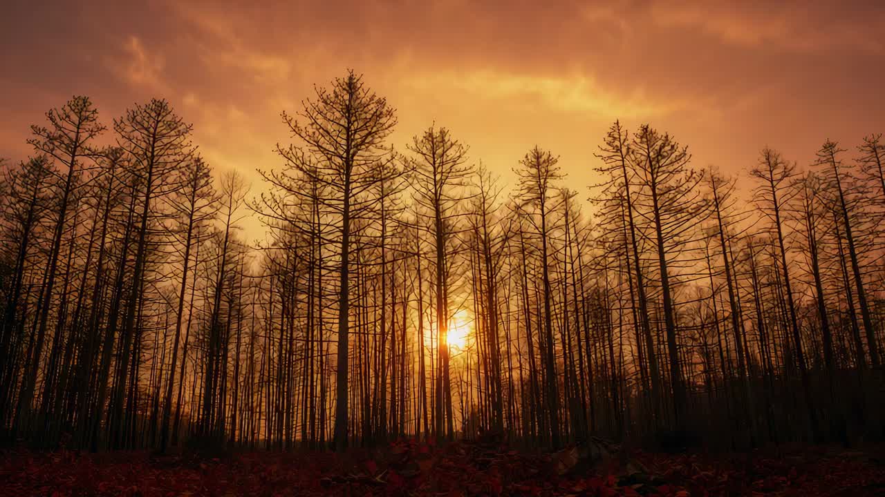 Shifting late sun illuminating dense band of tall thin bare trunks in forest, casting orange shafts