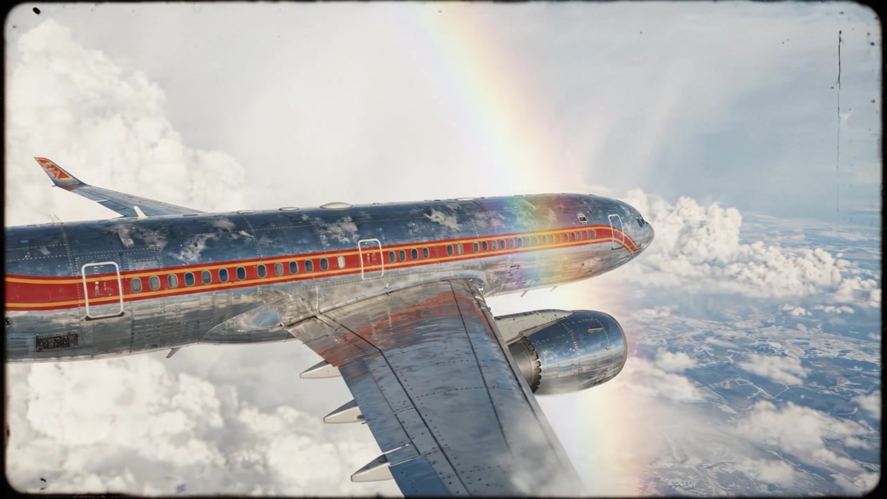 Maestoso aereo che scivola attraverso cieli nuvolosi sotto un brillante arcobaleno, catturato con dettagli mozzafiato e un tocco vintage che arricchisce l'esperienza.