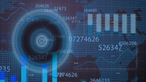 animation of scope scanning, data processing and numbers changing on world map in background