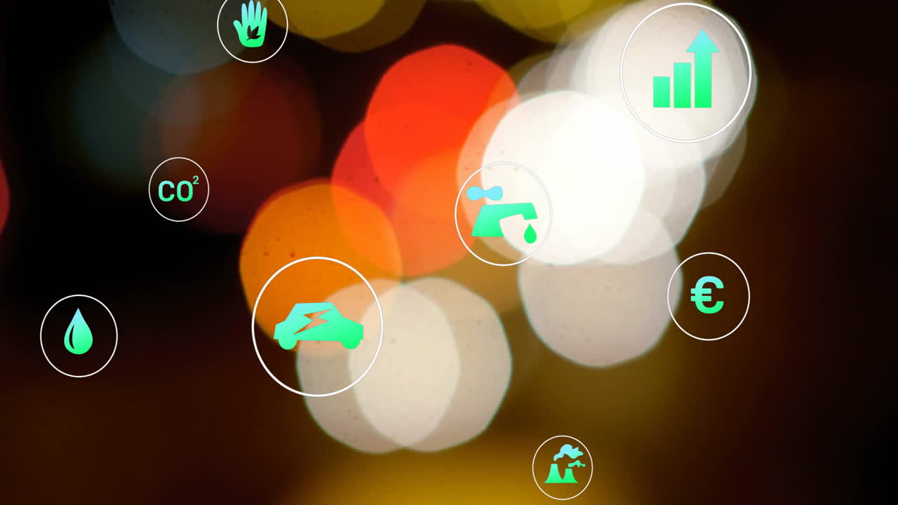 Environmental and economic icons floating over soft bokeh backdrop illustrating sustainable growth