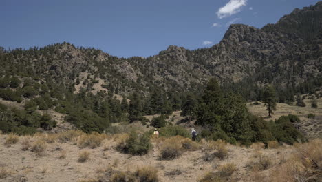 hikers walk on trail with rugged mountain landscape in background