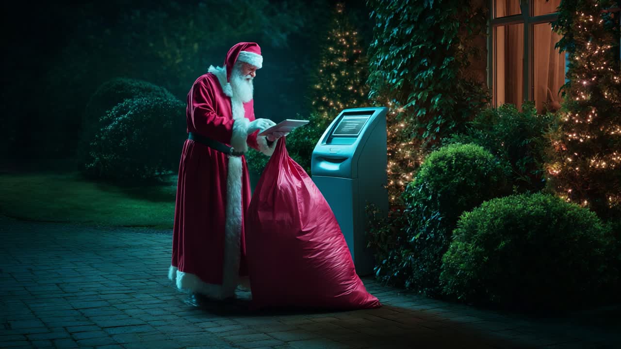 På en magisk vinteraften står en mystisk skikkelse, der ligner julemanden, ved en hæveautomat og tjekker sin liste ved siden af en stor rød sæk, der er oplyst af funklende julelys