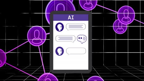 animación de chat artificial y procesamiento de datos en la pantalla de la tableta y la cuadrícula