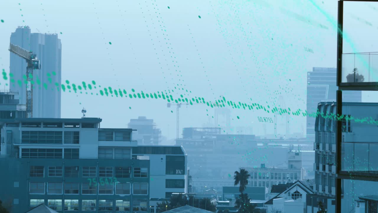 Teal dotted ribbon entering left numbers appearing forming band and sliding right showing data flow