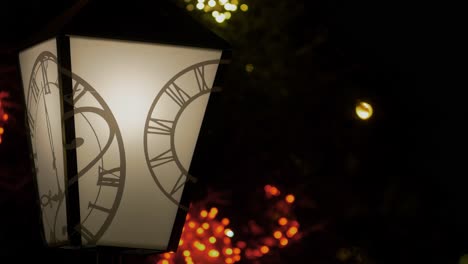 Outdoor-Christmas-decorations-lantern-with-clock-overlay,-blured-Christmas-lights-flashing-in-background,-closeup