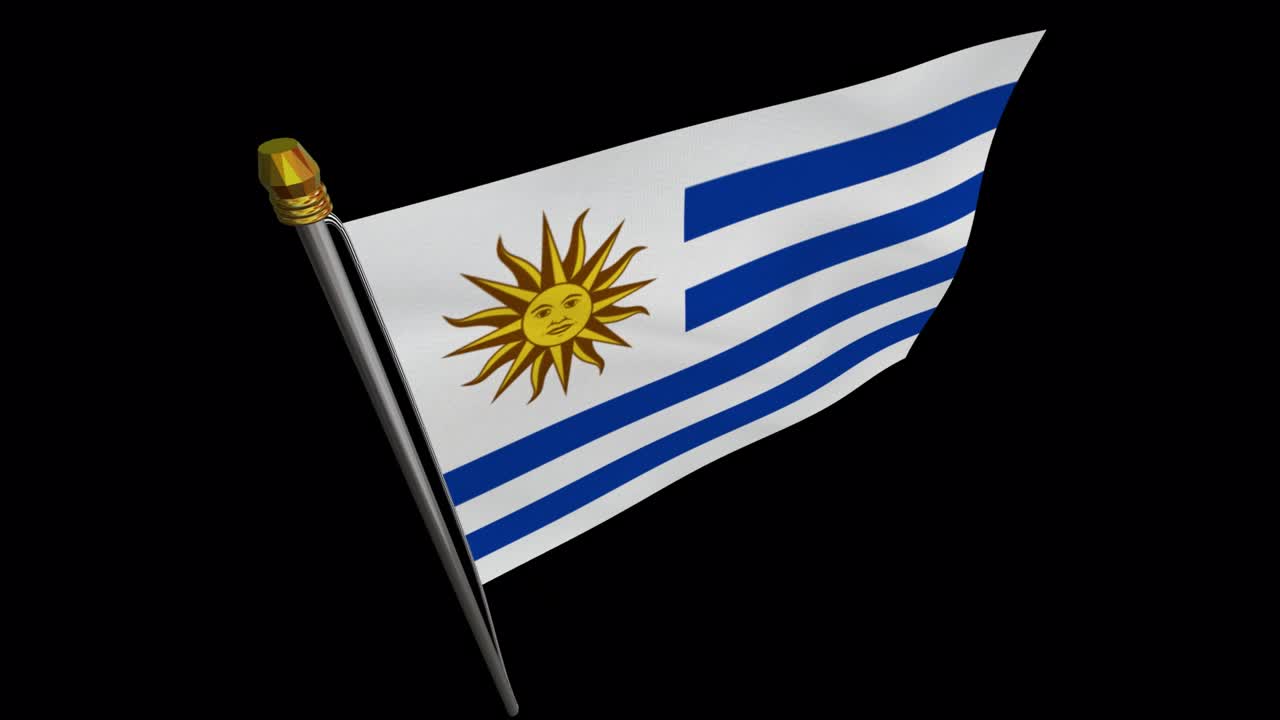 우루과이 국기가 바람에 날아다니는 루프 비디오, 4k의 느린 동작 비디오, 알파 채널