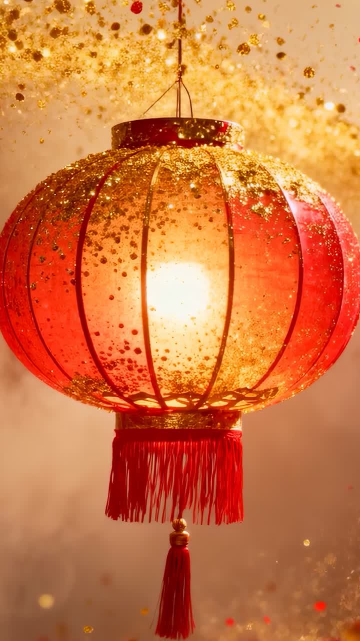 Vídeo vertical: lanterna vermelha brilhante com borla pendurada em estúdio, glitter dourado subindo para o festival