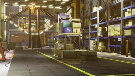 warehouse interior with shelves and storage crates during the day