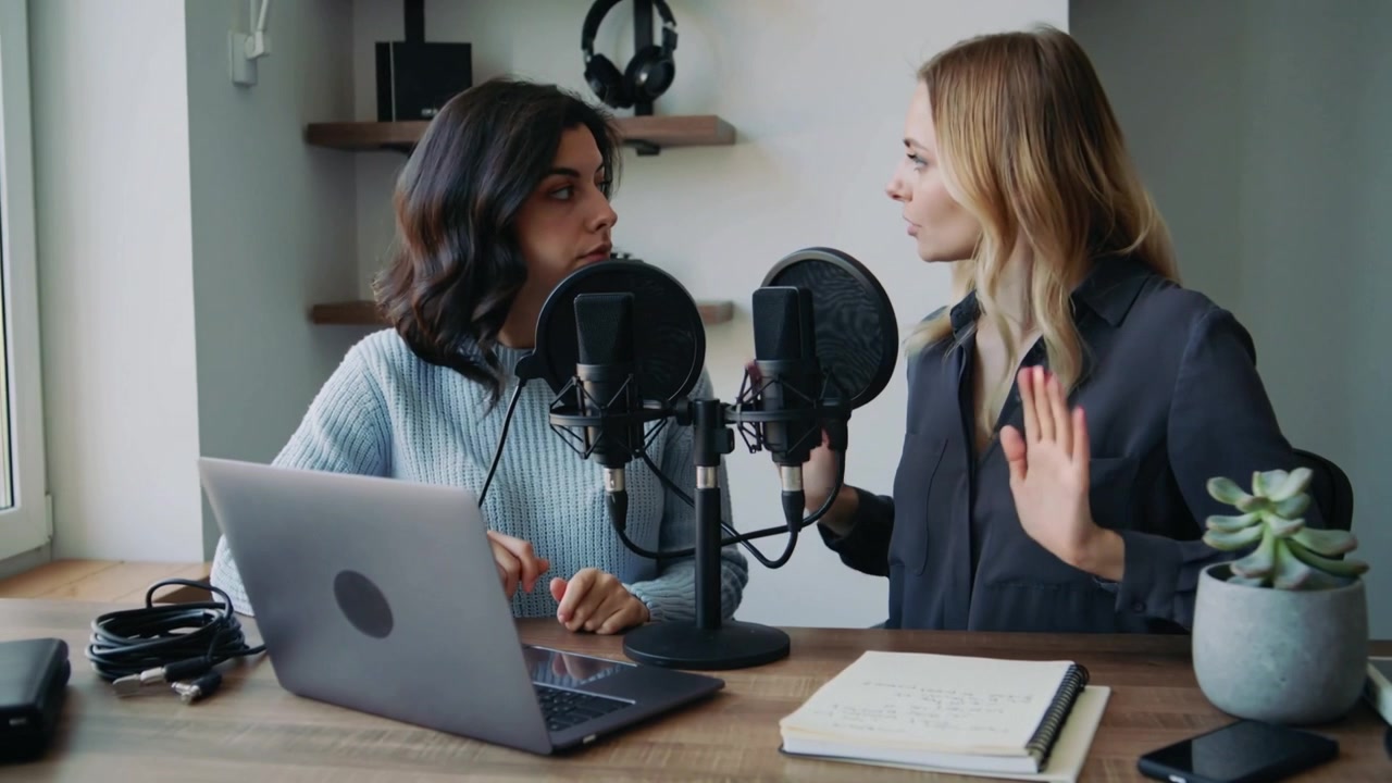 Avvio della registrazione: due co-conduttori, in maglione e camicetta, sistemano il portatile e registrano un podcast con i microfoni alla scrivania.