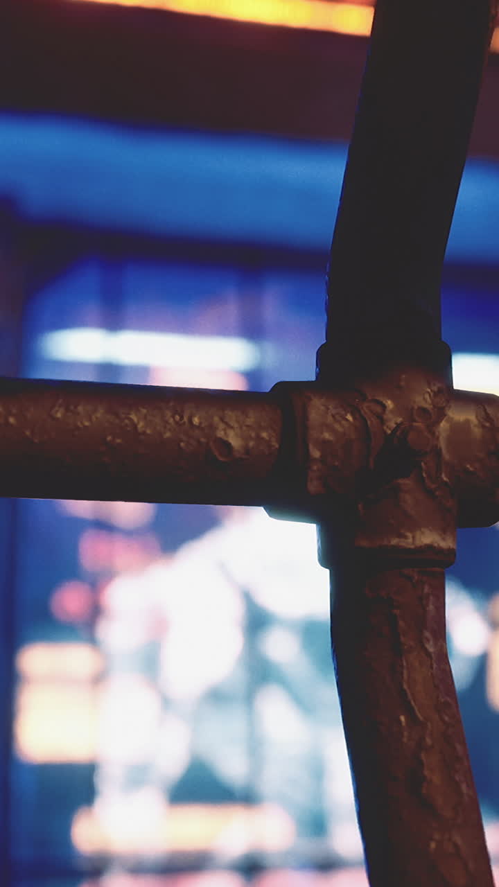 Nightlife in a bustling urban setting with neon lights illuminating the street