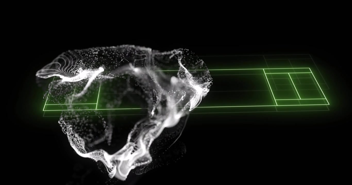 Animation of sports court line markings over white particle cloud on black background