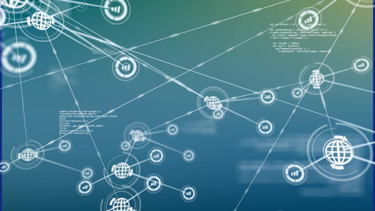 Animation of network of connections over data processing against green gradient background