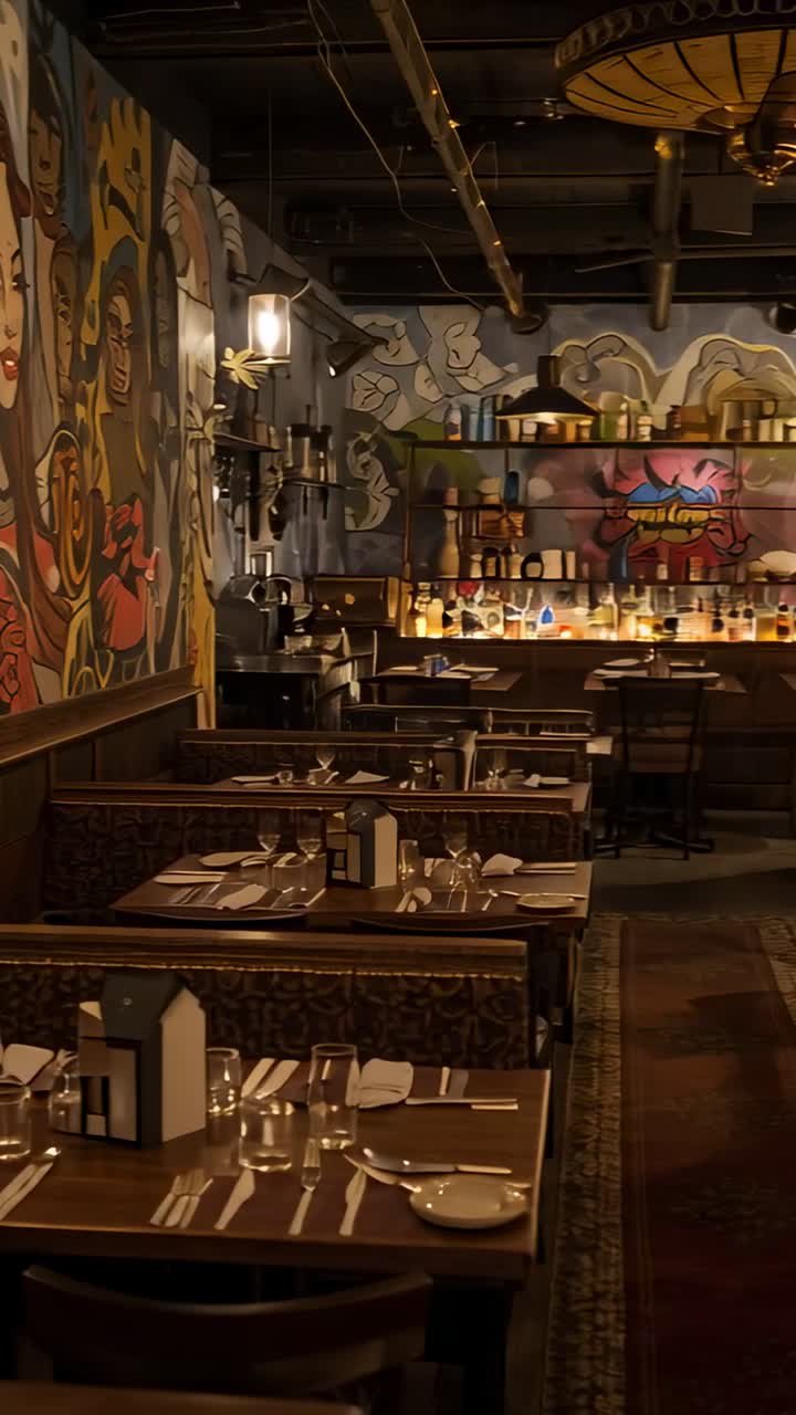 Vertical video: Camera starting forward revealing booths and place settings, mural and bar bottles