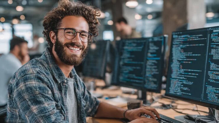 A Focused and Happy Software Developer Smiling at His Workspace Surrounded by Multiple Monitors Displaying Code in a Collaborative Tech Environment