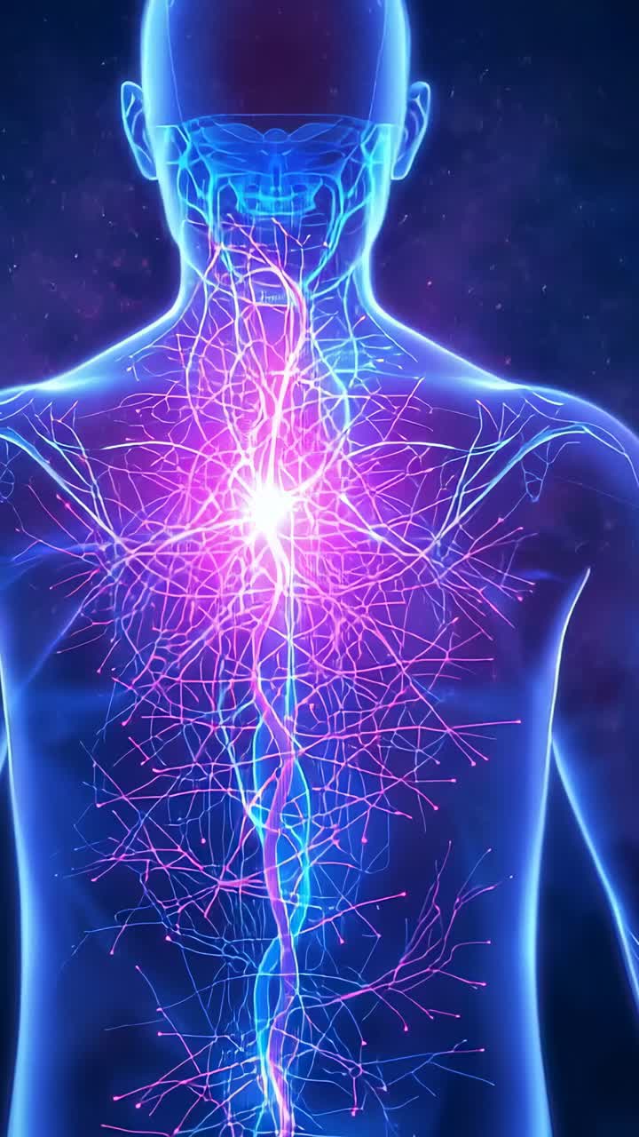 Vertical video: Opening digital torso pulsing core sending signals along nerve filaments in void