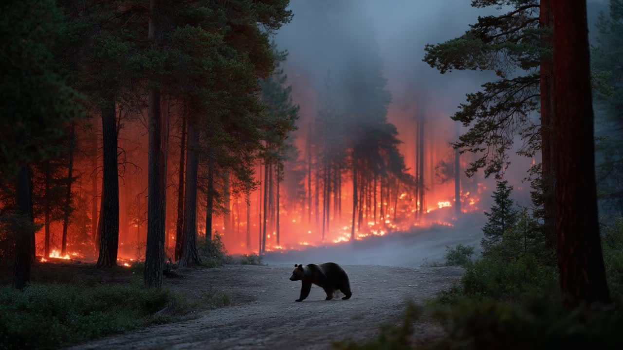 A bear navigates through a dense forest threatened by an encroaching wildfire, showcasing the impact of nature's forces on wildlife and its habitat