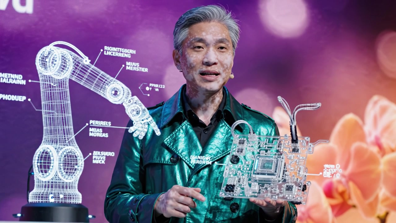 Innovative Technology Showcase: A Speaker Presents Futuristic Robotics and Circuitry Models, Highlighting Advances in Automation and Electronics in a Captivating Display