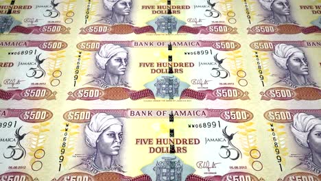 billetes de cincocientos dólares jamaicanos del banco de jamaica rodando en la pantalla, monedas del mundo, dinero en efectivo, bucle