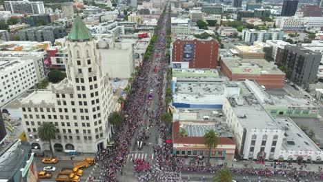 4K-Aerial,-June-2023,-LA-Pride-Parade-in-Hollywood,-California,-USA