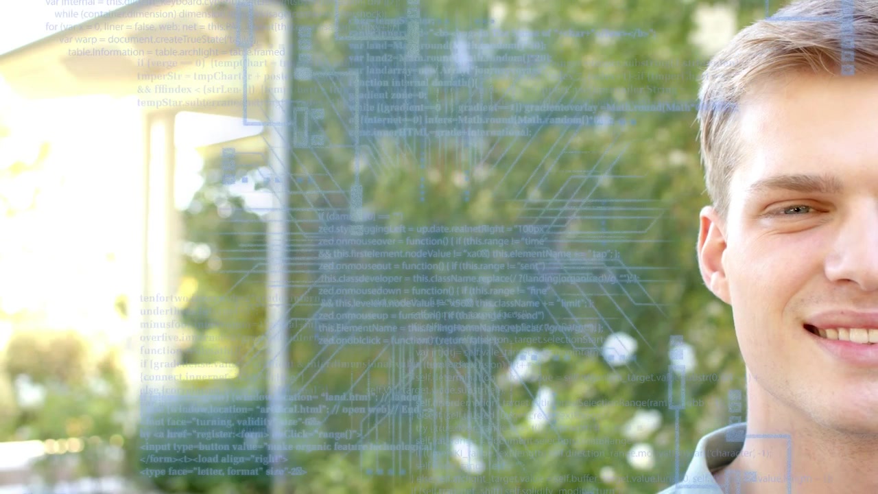 Man reacting to tech overlay crossing face on camera smiling while scan lines animating over porch