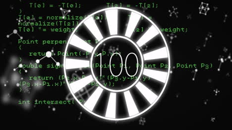 animación de carga circular sobre código de programación verde y estructuras moleculares